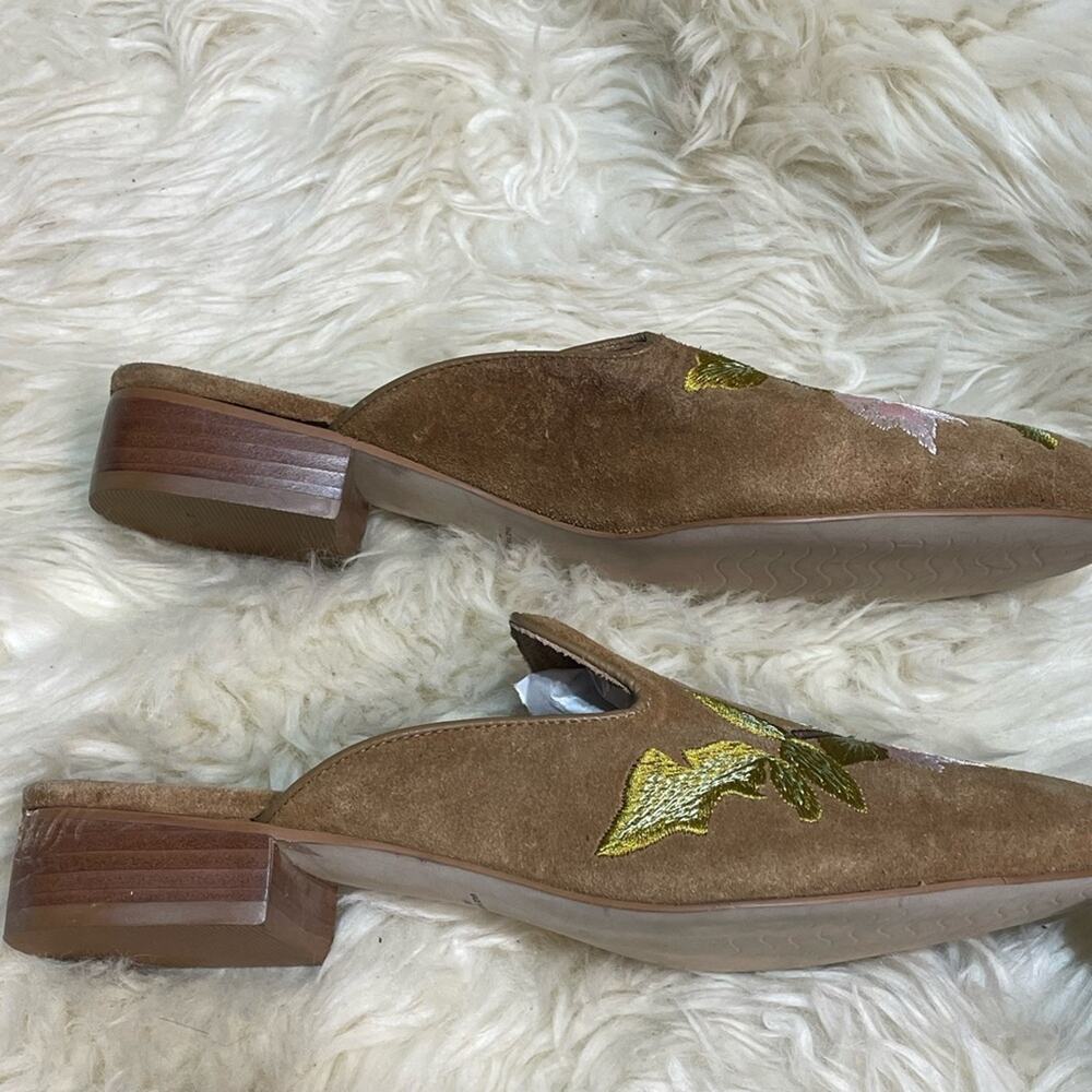 Matisse Brown Suede Mules with Pink & Green Floral Embroidery - Picture 3 of 7